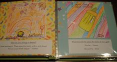 two children's books are open to show pictures and words on the pages,