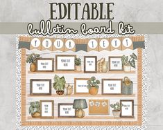 the editable bulletin board kit includes pictures, cards and potted plants on shelves