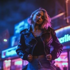 a woman standing in front of a building at night with her hands on her hips