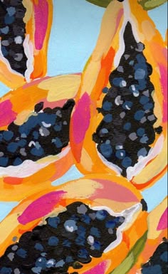 an acrylic painting of papaya slices and blackberries on a blue background