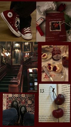 a collage of photos with red shoes and food