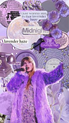 a woman in purple fur coat singing into a microphone and surrounded by disco ball decorations