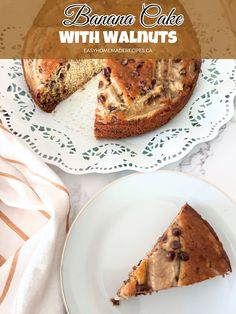 banana cake with walnuts on a white plate next to a piece of cake that has been cut