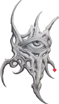 a drawing of an evil mask with red eyeballs on the forehead and long horns