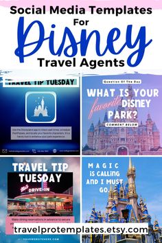 the disneyland theme park with text overlay that reads social media templates for disney travel agent