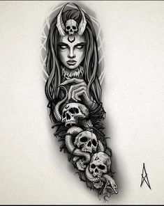 a woman with horns and skulls on her arm, holding a skull in her hand