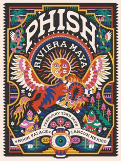 the phish concert poster with an eagle on it's back and colorful lettering