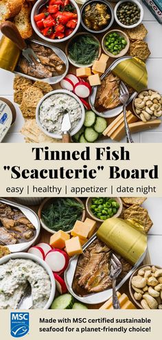 Pinterest graphic for tinned fish charcuterie board (or seacuterie) ideas. Dinner Party Appetizer, Dinner Party Appetizers, Seafood Pizza, Healthy Appetizers Easy, Tinned Fish, Canned Seafood, Fish Platter