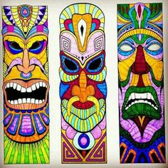 three colorful masks painted in different colors