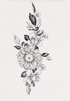 a black and white drawing of flowers with leaves on the bottom half of their petals