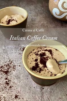 two bowls filled with cream and chocolate on top of a table