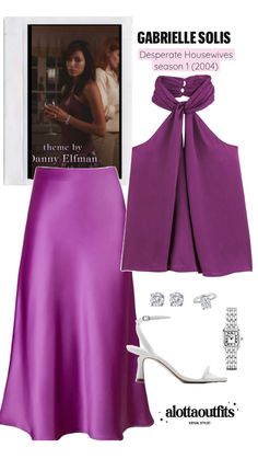 Gabrielle Solis inspired outfit featuring a purple match set and statement jewelry Gabrielle Solis Outfit, Luxurious Outfits, Gabrielle Solis, Latina Outfits, Dress Design Sketches, Glamorous Style, Virtual Stylist