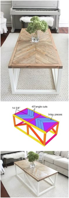 the coffee table is made out of wood and has different colored sections on each side