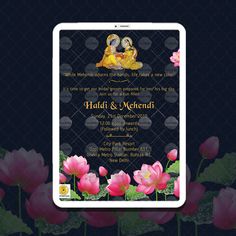 the wedding ceremony is displayed on an ipad with pink flowers in front of black background