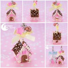 several pictures of small houses made out of chocolates and candy bars with bows on them