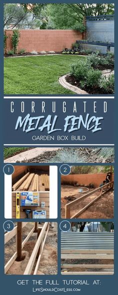 the metal fence is being constructed and installed in front of a brick wall, with instructions for