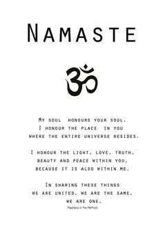 the namaste poem is shown in black and white with an omen symbol on it