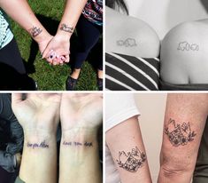 four different pictures with tattoos on their arms and legs, one showing two people holding hands