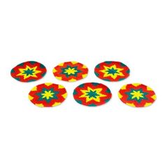 six red and yellow woven coasters with stars on the top, set against a white background