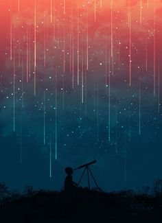 a boy looking up at the stars with a telescope in his hand and an image of rain falling down on him