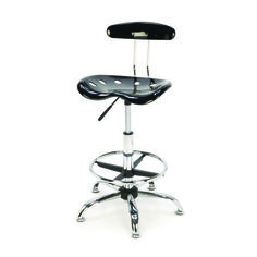 a black and chrome stool with wheels on an isolated white background for use as a desk or office chair