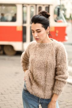 "Beige fluffy women pullover wiht round neck. Product Details: * 100% hand knit * 75% alpaca, 25% merino wool. Regular fit. Size: S(4-6) M(8-10) L(12-14) S Width : 46/48 cm Length: 58/60 cm M Width : 50/52 cm Length: 60 cm L Width : 54 cm Length: 62 cm Please let me know your size. It is made for order. If you would like me in other size, you could request a custom order with your own parameters: your height, bust and length of the sweater from the shoulder in cm. Or add your comments about leng Alpaca Crew Neck Sweater, Cozy Alpaca Sweater In Beige, Hand Knitted Alpaca Crew Neck Sweater, Hand Knitted Alpaca Sweater Crew Neck, Beige Alpaca Long Sleeve Sweater, Beige Long Sleeve Alpaca Sweater, Beige Mohair Sweater, Knitted Alpaca Sweater, Hand Knitted Beige Crew Neck Sweater