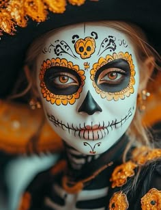 Day Of The Dead Face Makeup, Halloween Makeup For Men With Beards, Dia Los Muertos Makeup, Half Face Catrina Makeup, Orange Catrina Makeup, Katrina Makeup La Catrina, Mexican Skull Makeup, Mexican Skeleton Makeup, Sugar Skull Face Paint