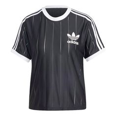 (WMNS) adidas Adicolor 3-Stripes Pinstripe T-shirt Asia Sizing 'Black' IX5505 Adidas Three Stripes Streetwear T-shirt, Relaxed Fit Three Stripes T-shirt For Sports, Adidas Sporty T-shirt With Contrast Stripes, Adidas Three Stripes T-shirt For Spring, Adidas Athleisure T-shirt With Side Stripes, Adidas Sportswear Tops For Summer, Sporty Striped T-shirt For Streetwear, Sporty Black T-shirt With Contrast Stripes, Black T-shirt With Contrast Stripes For Streetwear