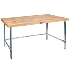 a wooden table with metal legs on a white background