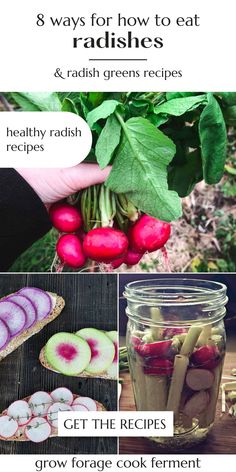 radishes and other vegetables in jars with text that reads 8 ways for how to eat radishes & radish greens