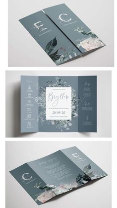 two fold up brochure with flowers and leaves on the front, one in blue and