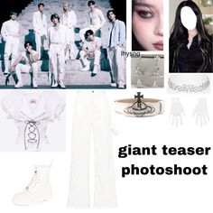 a group of people standing next to each other in front of a white background with the words giant teaser photoshoot