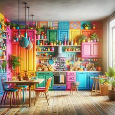 a colorful kitchen with lots of pots and pans