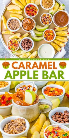 Need a simple Thanksgiving dessert? Here's an apple food idea! With 2 types of chocolate sauces and caramel sauce plus an assortment of candies and toppings, this caramel apple board is so fun. Put this DIY caramel apple bar on your list of simple fall recipes! Carmel Apple Nacho Bar, Easy Caramel Apple Bar, Carmel Apple Topping Bar, Carmel Apple Bar For Kids, Caramel Apples Bar, Diy Caramel Apple Bar, Caramel Apple Nacho Bar, Caramel Apple Toppings Bar