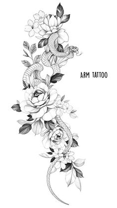 a black and white drawing of flowers with leaves on the bottom half of each flower