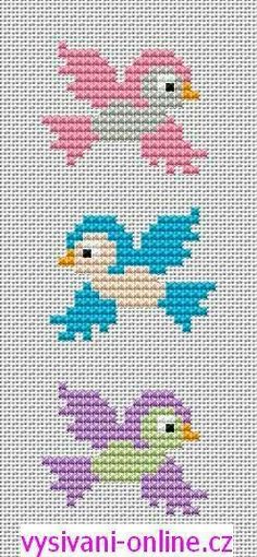 three birds cross stitched together in different colors