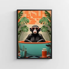 a monkey wearing sunglasses sitting in a bathtub with plants on the wall behind it