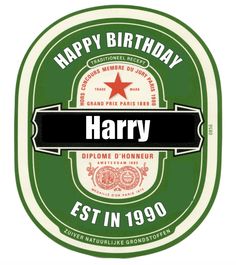 a happy birthday sign with the name harry in black and red on green, surrounded by stars