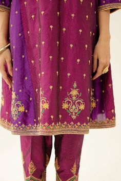 Buy Kora Purple Silk Dori Embroidered Short Kurta Salwar Set Online | Aza Fashions Beads And Sequins Embroidery, Thread Beads, Short Kurta, Organza Dupatta, Types Of Work, Contrast Piping, Purple Silk, Silk Dupatta, Silk Shorts