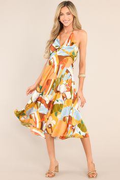 This multi-colored dress features a v-neckline, a self-tie feature at the back of the neck, an open back, a discrete back zipper, a twisted bust detail, and a colorful pattern. Fruity Cocktail, Sorority Rush Dresses, Rush Dresses, Cardigan Crop Top, Red Dress Boutique, Halter Midi Dress, Print Midi Dress, Maxi Dress Formal, Long Crop Top