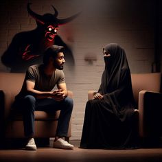 two people sitting on couches in front of a brick wall with a demon mask behind them