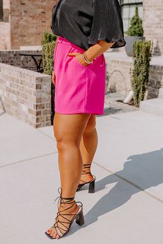 Get ready to remix your office style with these chic hot pink plus size shorts featuring lightweight material, a high waistline with a two button closure, two side pockets, and a flattering silhouette that ends in straight upper-thigh length hemlines! Measurements 1XL : Front Rise 15", Hip 46", Inseam 4.5", Length 18.5", Waist 36". 2XL : Front Rise 15.5", Hip 50", Inseam 4.5", Length 19", Waist 40". 3XL : Front Rise 16", Hip 54", Inseam 5", Length 19.5", Waist 44". High-waisted Pink Workwear Shorts, Pink Bottoms With Short Inseam For Workwear, Hot Pink Outfit Ideas, Hot Pink Outfit, Pink Plus Size, High Waist Shorts, Plus Size Shorts, Office Style, Office Fashion