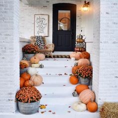 pumpkins and gourds are sitting on the steps