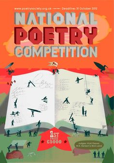 the national poetry competition poster with people writing on an open book and birds flying around