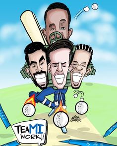 a caricature of three men with baseballs on their shoulders and the words team work written below them