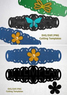 four different types of hair clips with flowers and leaves on the top one is blue, green