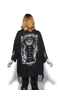 Love Me Like My Demons Do - Kimono – Blackcraft Cult Long Sleeve Festival Kimono With Fringe, Long Sleeve Fringe Kimono For Festivals, Festival Long Sleeve Kimono With Fringe, Spring Long Sleeve Fringed Kimono, Spring Fringe Long Sleeve Kimono, Spring Fringed Long Sleeve Kimono, Casual Long Sleeve Rayon Kimono, Black Cotton Kimono For Festivals, Fall Rayon Kimono With Kimono Sleeves