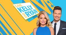 two people standing next to each other in front of a blue and yellow background with the words live kelly and ryan on it