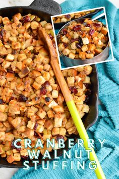 cranberry walnut stuffing in a cast iron skillet on a blue towel with a wooden spoon