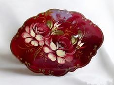 19.50 USD  Offering a hand painted original Russian brooch dated 1998 and signed by the artist. It is still on a card and unworn. Shows off a lovely floral scene with a burgundy background, and painted on wood with a lacquer finish. It's light enough to wear on thin fabrics. Great gift idea for Mothers Day or for that special person.  Width .... 2-1/4" Length ..... 1-5/8" Hallmark ... see photo 9  * * * * * * * * * * * * * * * * * * * * * * * * * * ADDITIONAL INFORMATION Vintage items have… Folk Art Jewelry, Floral Brooch, Red Jewelry, Stunning Jewellery, Art Jewelry, True Vintage